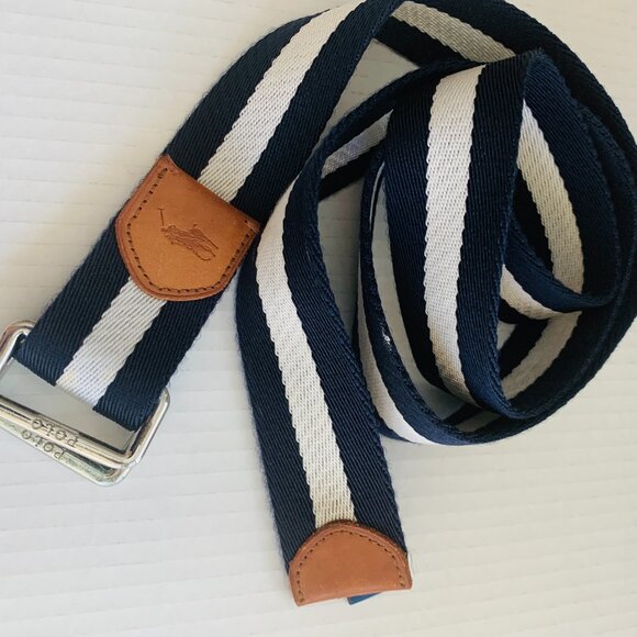 Polo Ralph Lauren Navy White Striped Fabric Leather Dual D Ring Belt XL - Picture 1 of 9